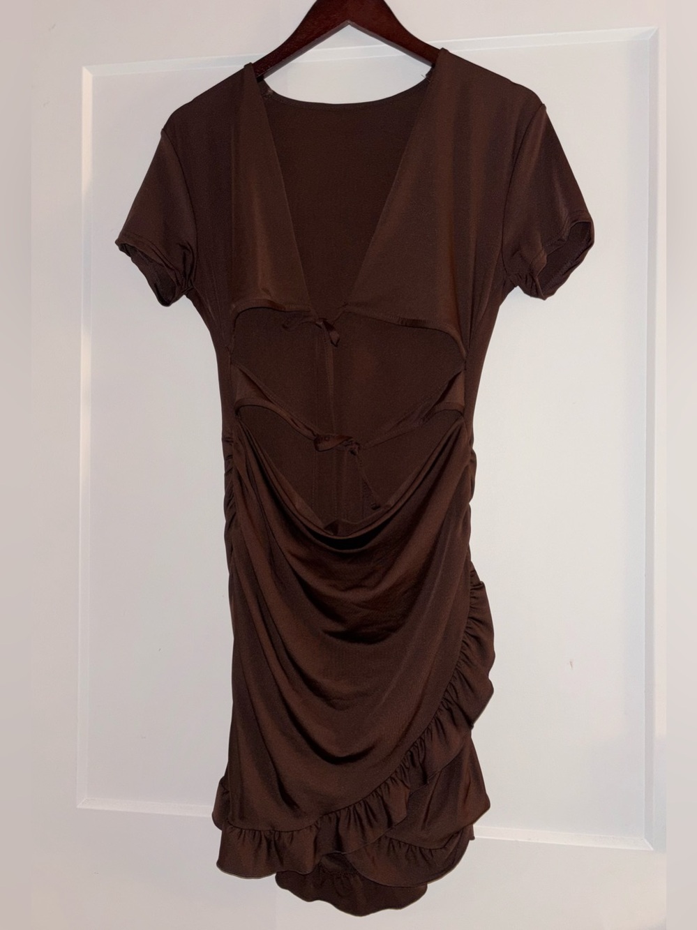 SHEIN Brown Cutout Ruffle Wrap Mini Dress